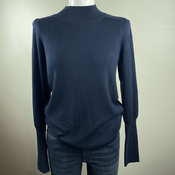 gerard darel Size 2 Medium Navy Blue Preppy Mock Neck Merino Wool Ribbed Sweater - Picture 1 of 8